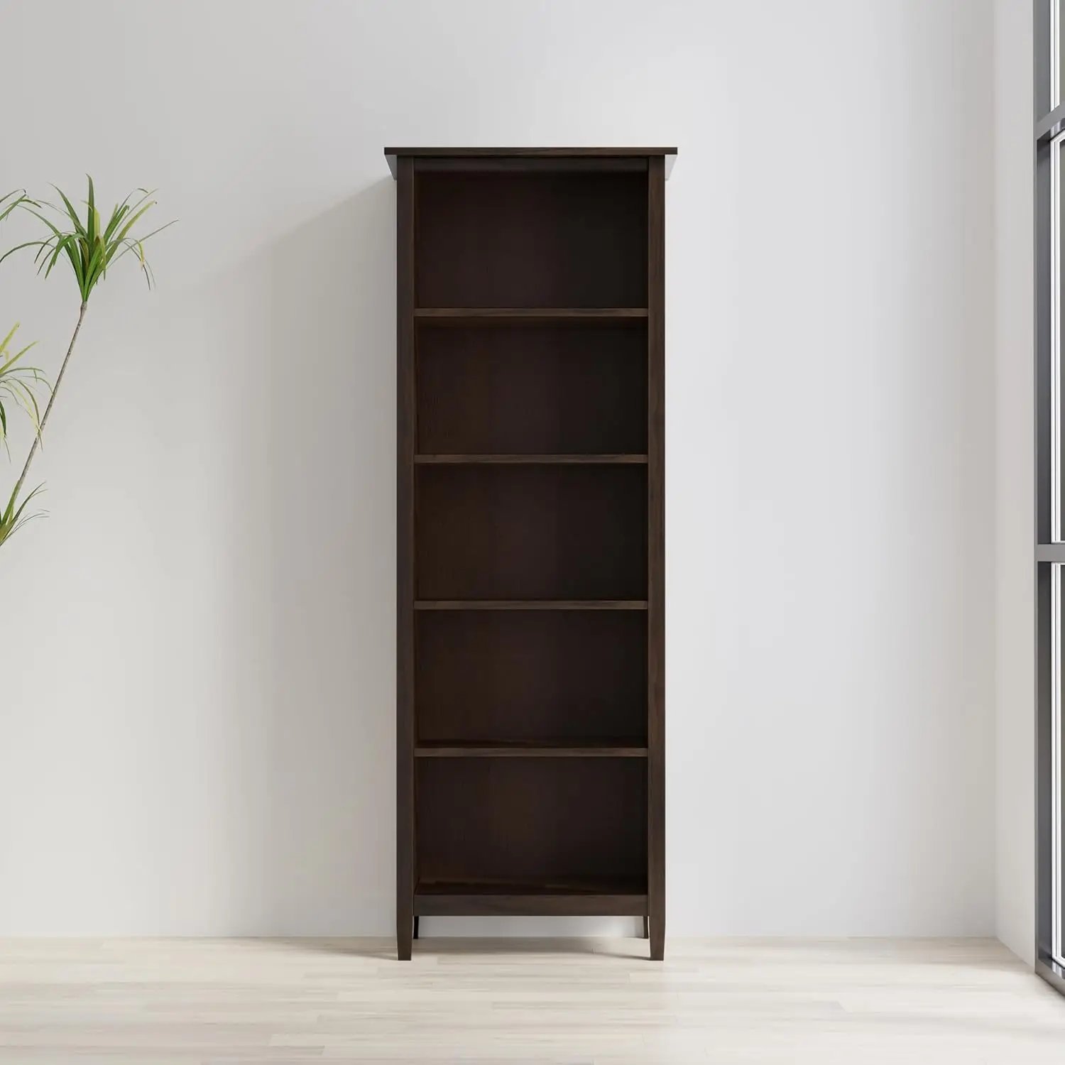 Warm Shaker Solid Wood Transitional 5 Shelf Bookcase For The Living, Study Room And Office, 26 Inch, Tobacco Brown