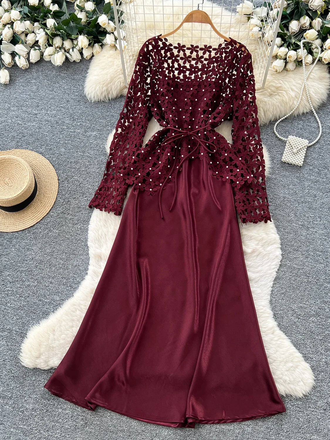 Elegant Lace A-Line Dress Women's Luxury Style Long Sleeve Waist-Cinched Slim Fit Autumn Dress Polyester Fiber High Waist