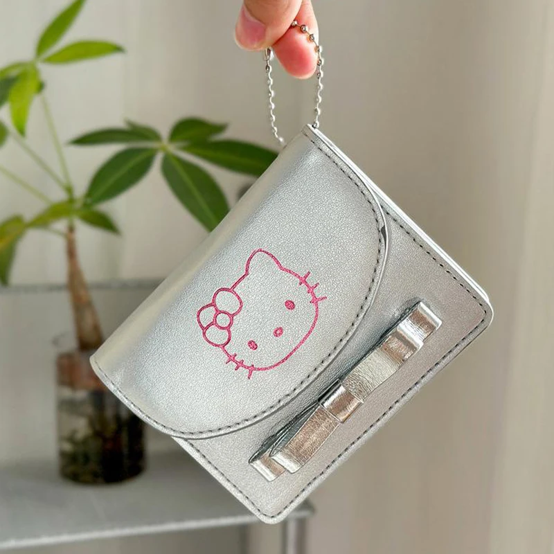 

Sanrio Hello Kitty кошелек серебряный короткий стильный кошелек для монет простой держатель для карт большой емкости портативный ремешок Рождественский подарок