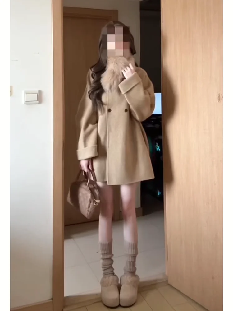 

Ladies' Casual Sle Woolen Coat ort Loose Fit Winter Faion Outerwear with Fur Collar Thi Polyester Fabric Chinese Prod...