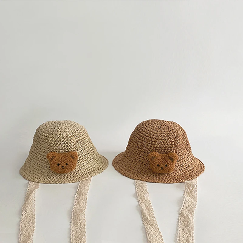 

Summer Baby Straw Hat Travel Beach UV Protection Basin Cap Cute Bear Children Fisherman Caps 6-24Month Boy Girl Toddler Sun Hats