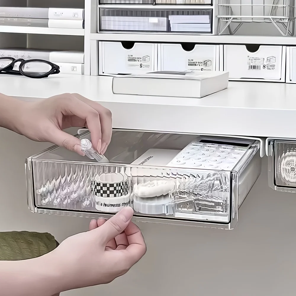 Under Desk Drawer Organizer Hidden Storage Box Transparent Table Bottom Stationery Holder Makeup Case for Office Student Dorm