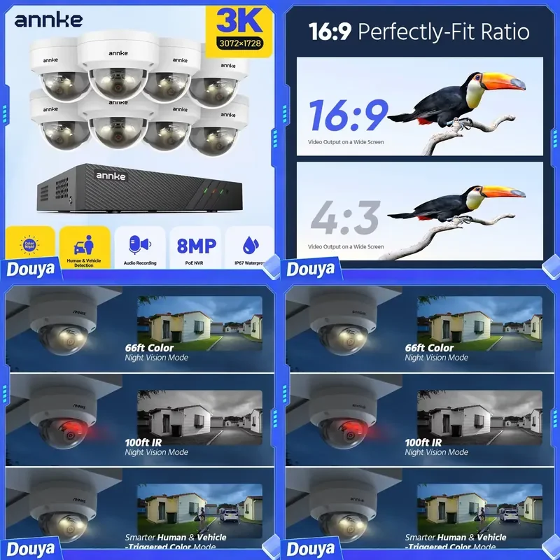 ANNKE 8CH 5MP POE Video Security System H.265+ 6MP NVR Recorder With 5MP 4X Waterproof Cameras Audio in Ip