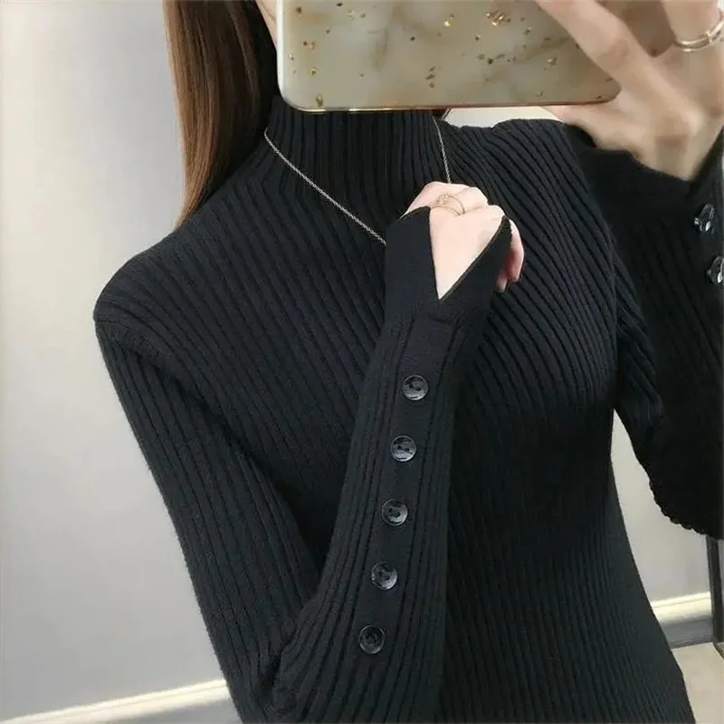 2023 novas mulheres manga longa gola alta outono vintage harajuku fino de malha de fundo coreano moda camisola feminina jumpers