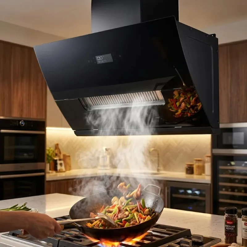 Intelligent Touch Control Curved Range Hood Black Glass Panel Digital Timing Powerful Kitchen Smoke Vent Hood for Home Use