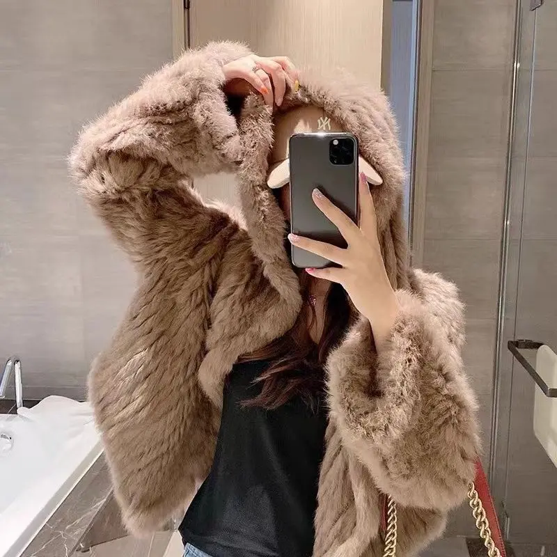 The New Autumn and Winter Style of Encrypted Double-sided Woven Hooded Korean-style Short Rabbit Fur Loose Fur Coat Is Youthful