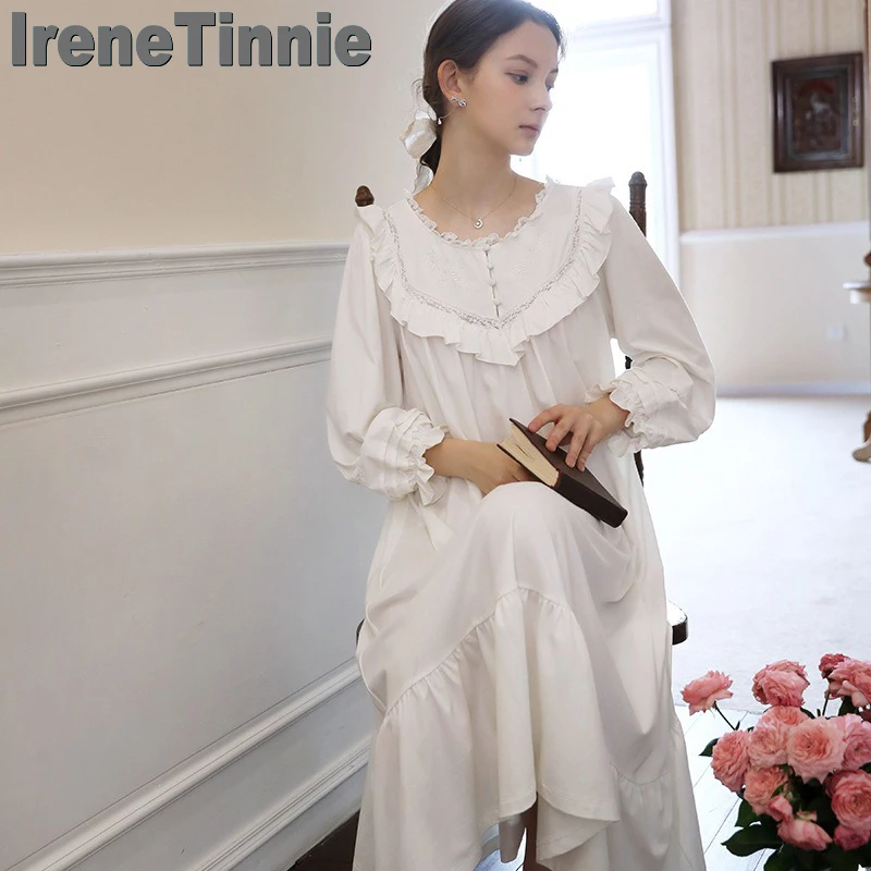 

IRENE TINNIE 2024 New White Cotton Nightwear French Princess Long Sleeve Nightdress Women Simple MIDI Skirt Loose Home Clothes