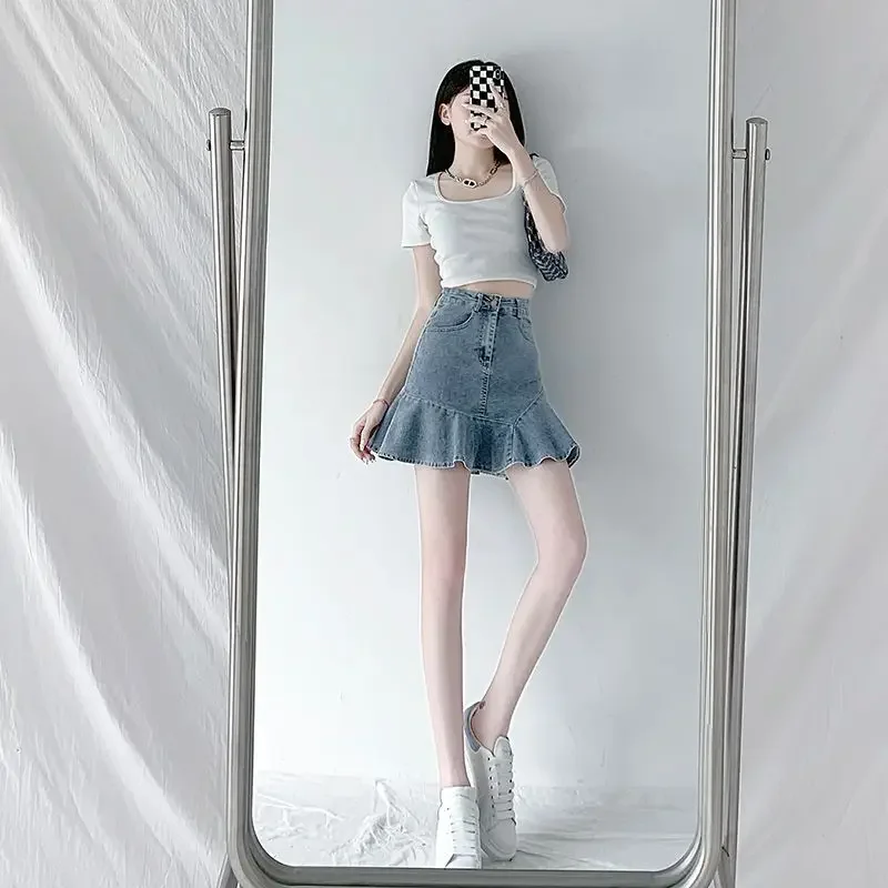 

Women's Denim Skirt Blue Wrap Female Jeans Skirts Ruffle Tight Clothing Trend 2025 Korean Fashion Summer New In Aesthetic Cheap