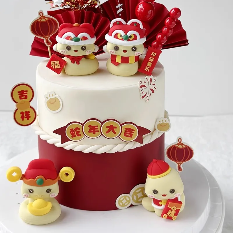 2025 Year of the Snake New Year Cake Topper Cartoon Red Envelope Ingot Fortune Word Peace and Joy Little Snake Soft Plastic Doll