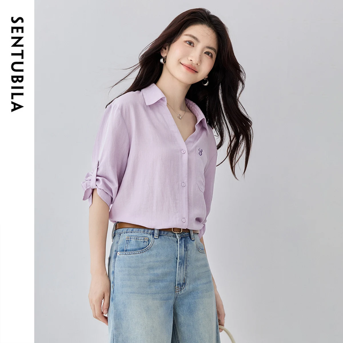 SENTUBILA Lyocell Camicie da donna 2025 Pendolarismo estivo Colletto rovesciato Impiombato Ricamo Manica a tre quarti Camicette152C59034