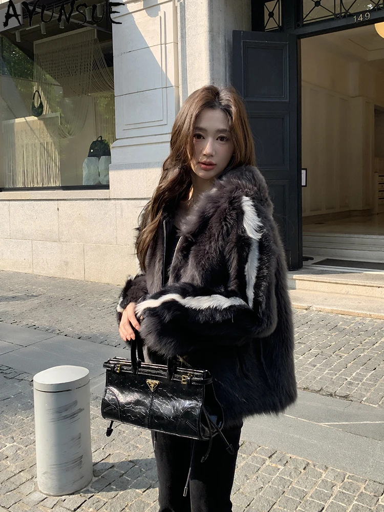 AYUNSUE, новинка 2025, дубленка, женские куртки средней длины с капюшоном из 100% натуральной шерсти для женской одежды, роскошные Ropa Para Mujer