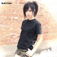 Karrram-Camiseta negra japonesa Y2k, Tops desgastados estilo Trashy 2000s, ropa de calle de manga corta Harajuku Vintage Grunge americano