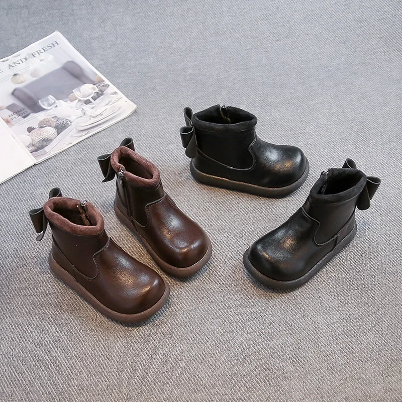 

Детские ботильоны с бантом сзади, модные ботинки принцессы для девочек, универсальные зимние новые детские кожаные ботинки 2021, корейский стиль