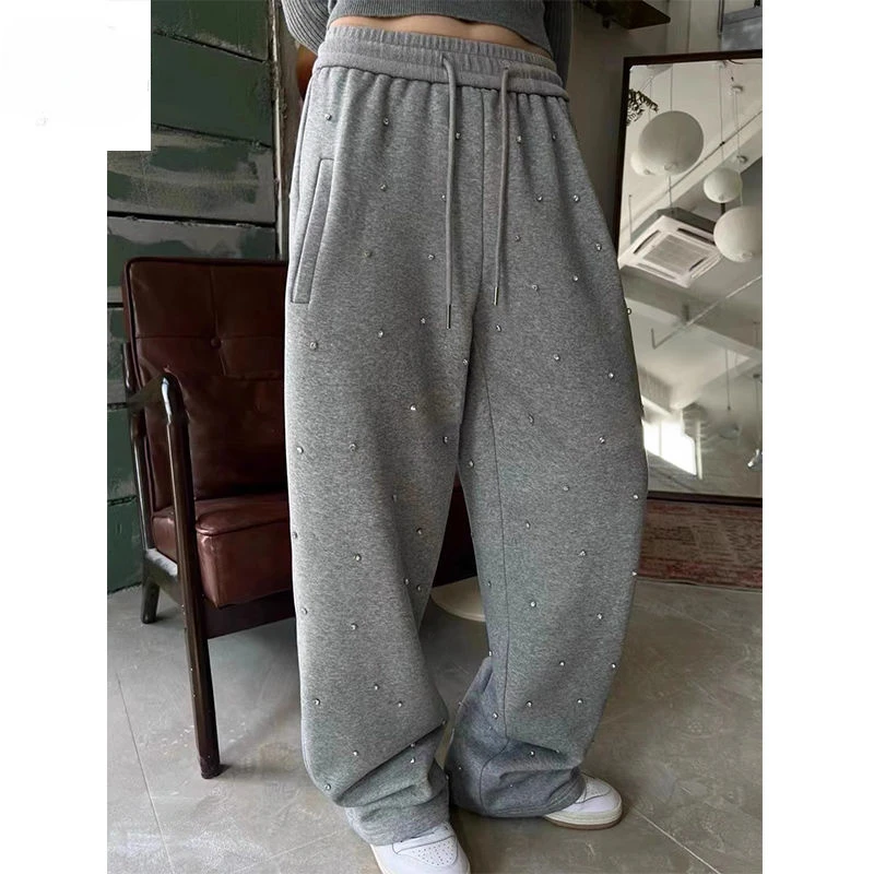 Korean Version of Loose Wide-leg Fleece Sweatpants 2024 Women's Winter New Hot Diamond Design Versatile Casual Pants