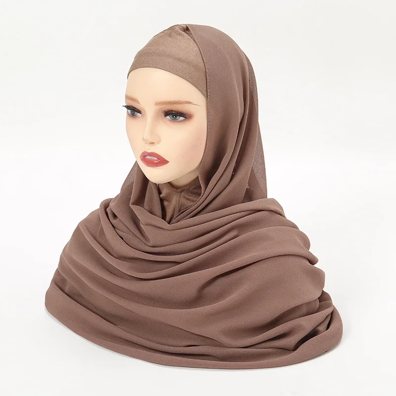 Solid Chiffon Hijab With Hijab Undercap Muslim Women Chiffon Shawl Neck Cover Cotton Jersey Caps 2pcs/Set Headband 180*90cm