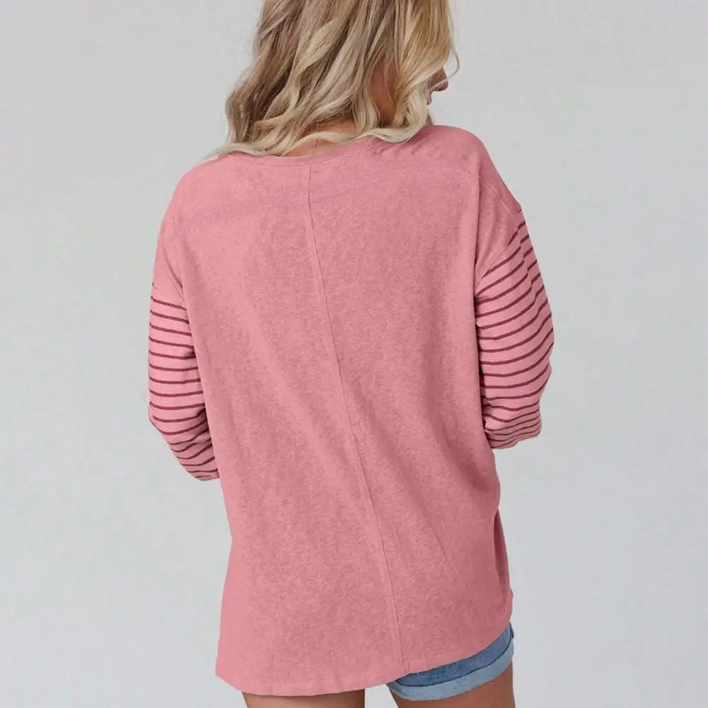 Loose T-shirt Versatile Tee Striped Contrast Color Long Sleeve Tee Shirt for Women Loose Fit Pullover Top with Stretchy