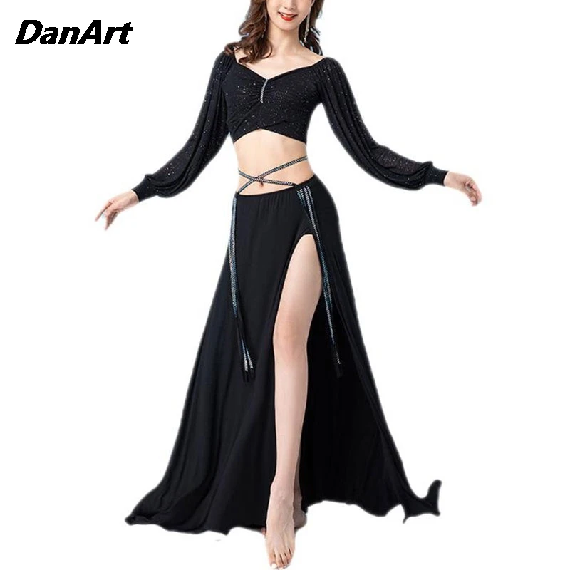 Tenue de performance de danse financière pour adultes, haut sexy, jupe longue fendue élégante, ensemble de olympiques de danse du ventre pour femmes, nouveau