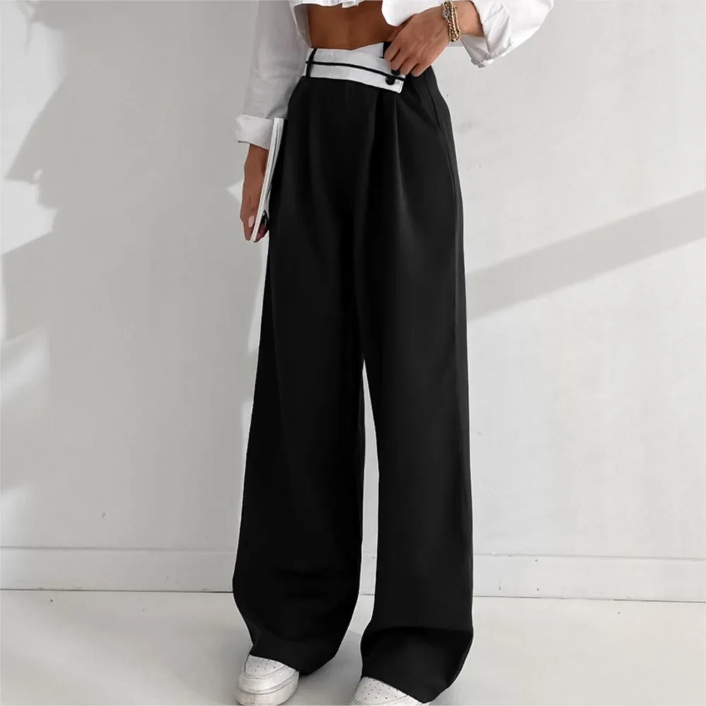 Women' S Clothes Casual Loose Pants For Woman Contrast Wide Leg Long Pants All-match Patchwork Simple Style Retro Temperament
