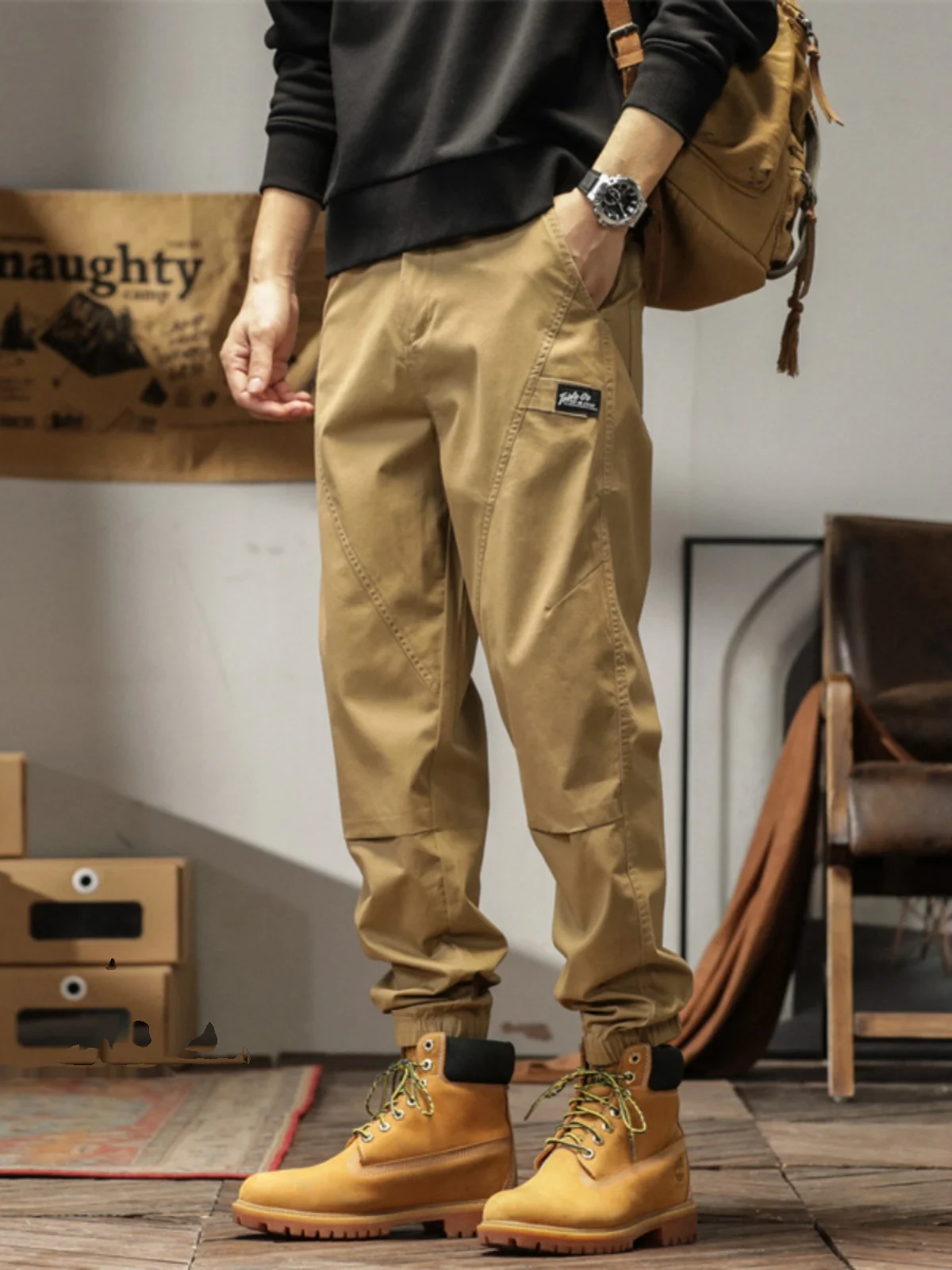 

American Retro Work Pants Men's Casual Loose Cuffed Pants Spring Autumn New Style Youthful Vitality Pure Color Long Trousers