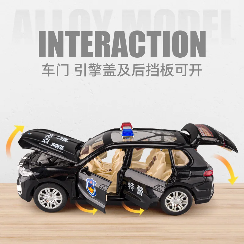 1:24 BMW X7 경찰차, 높은 시뮬레이션 다이캐스트 금속 합금 모델 자동차 사운드 라이트 풀백 컬렉션 장난감 선물