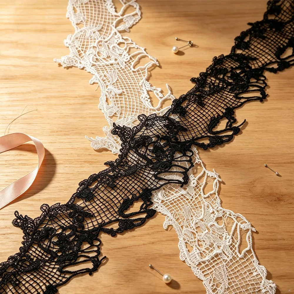 1 Yard Schwarz-Weißer Netzstoff, wasserlöslicher Stickerei-Spitzenbesatz für Mäntel, Kleider, Taschen, Accessoires, DIY-Näharbeiten und Reparaturen