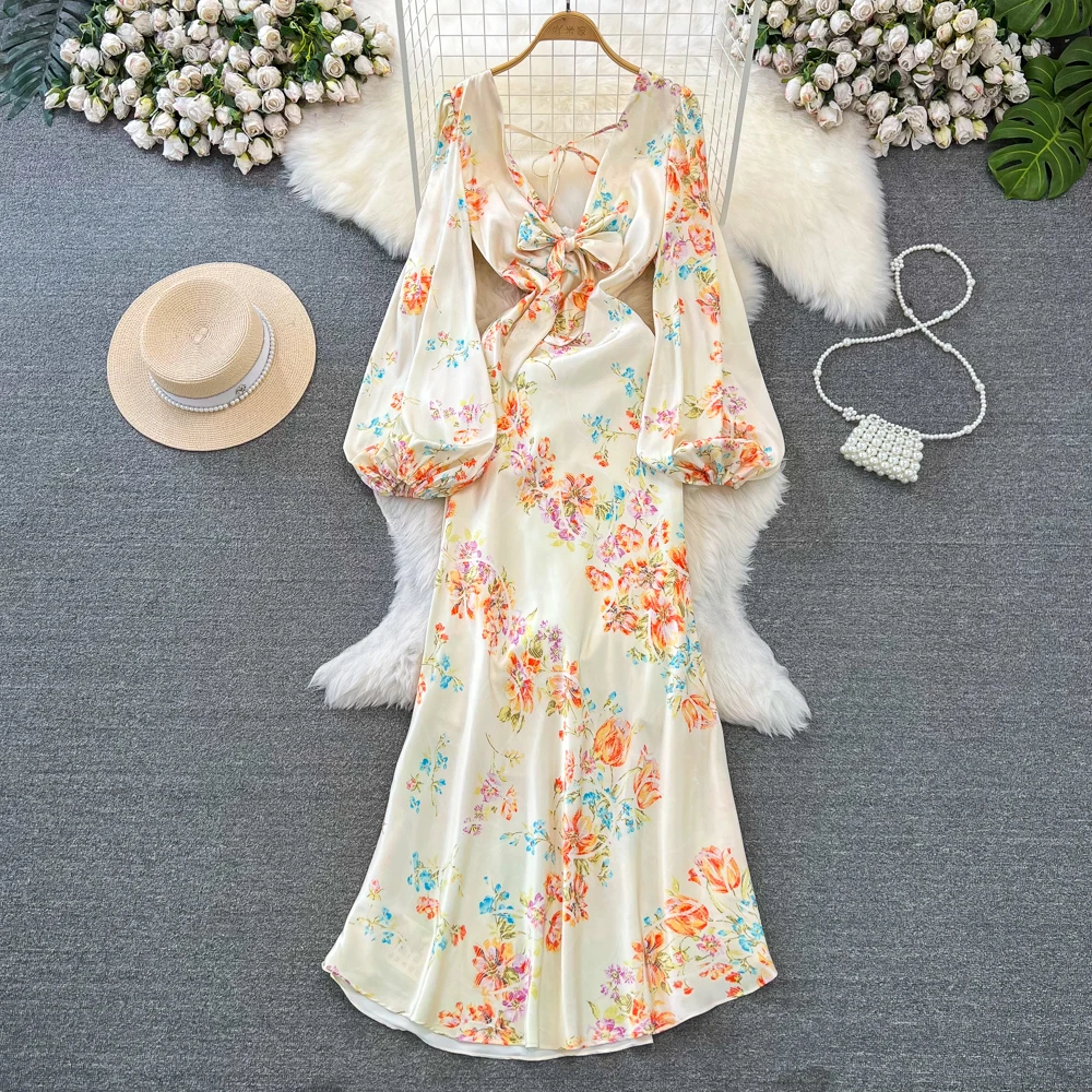 

Elegant Wome Satin Long Dress Deep V-Neck Lantern Sleeve Slim A-Line Floral Print Casual Vestidos Female Birthday Party Robes