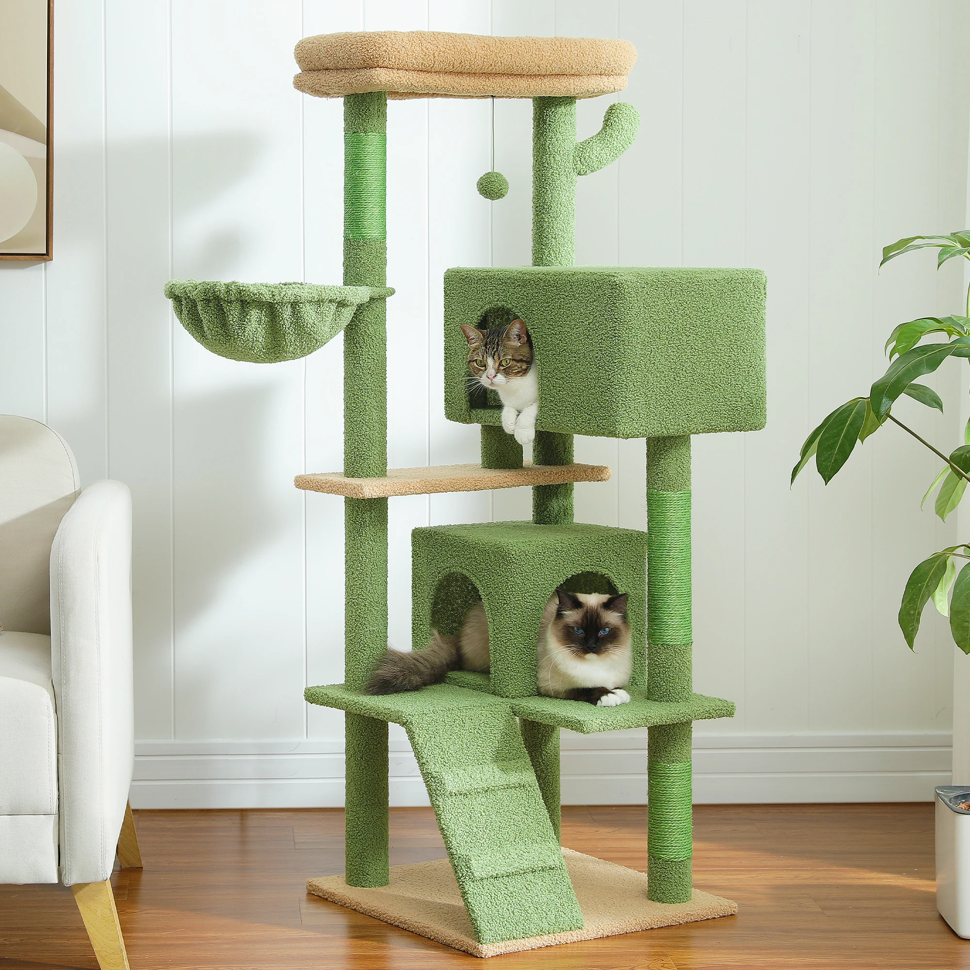 

Large Cat Tree Tower with super Large Condos, Top Perch, Hammock and Dangling Pompom, Cat Scratching Posts for Indoor, Cat Toys