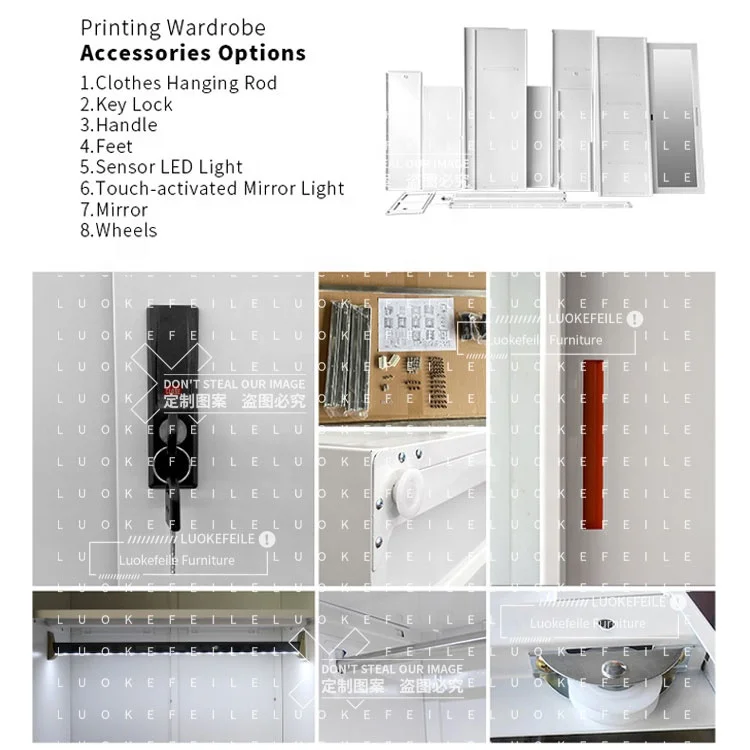 الأثاث الأبيض غرفة نوم 3 أبواب الأثاث الطباعة مرآة منزلقة حجم الباب تصميم ملابس بسيطة ألميرا 3 أبواب خزانة الصلب #4