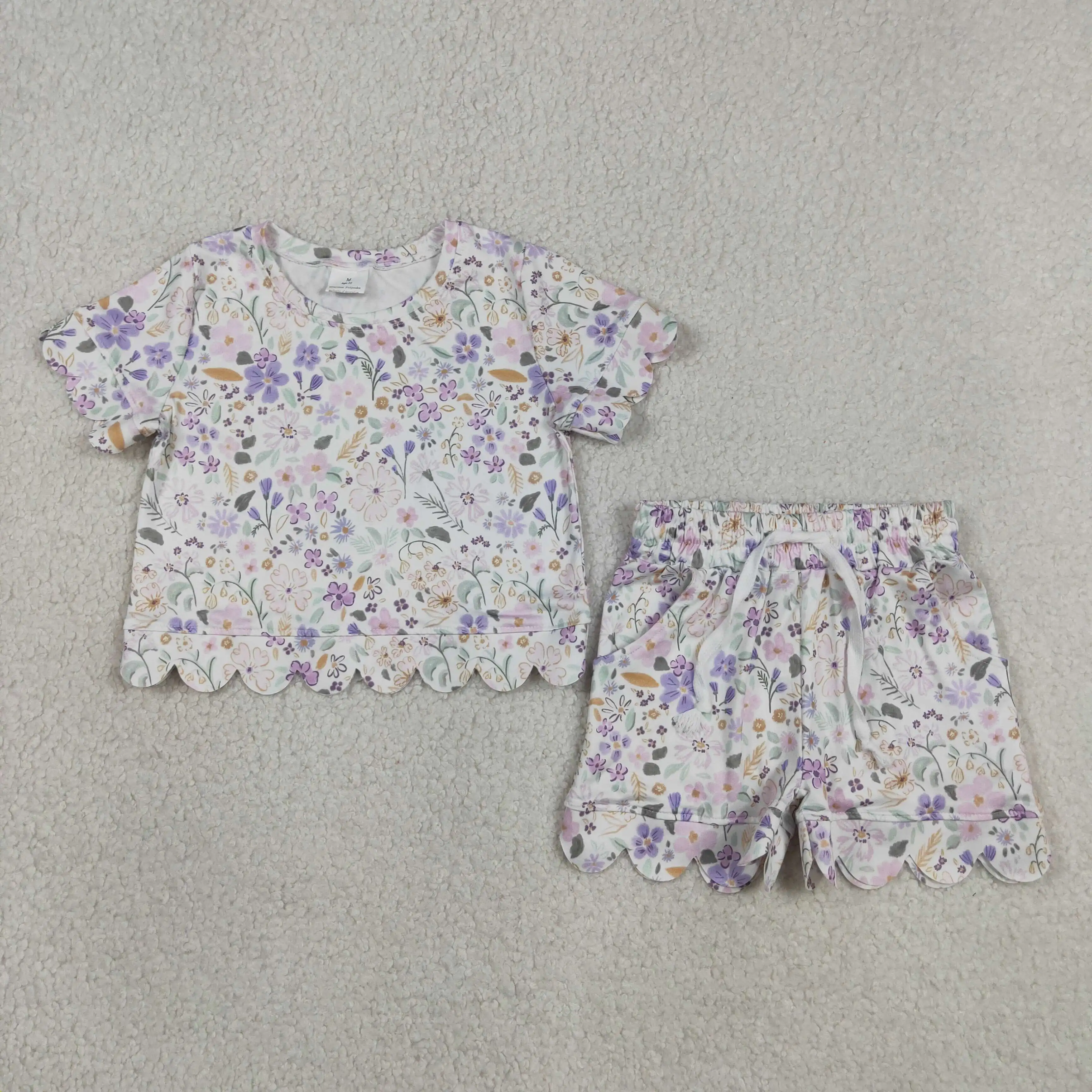 Wholesale Baby Girl Short Sleeve Purple Flower Shirt Pockets Shorts Set Kids Girls Ruffle Clothes Children Toddler Summer Outfit