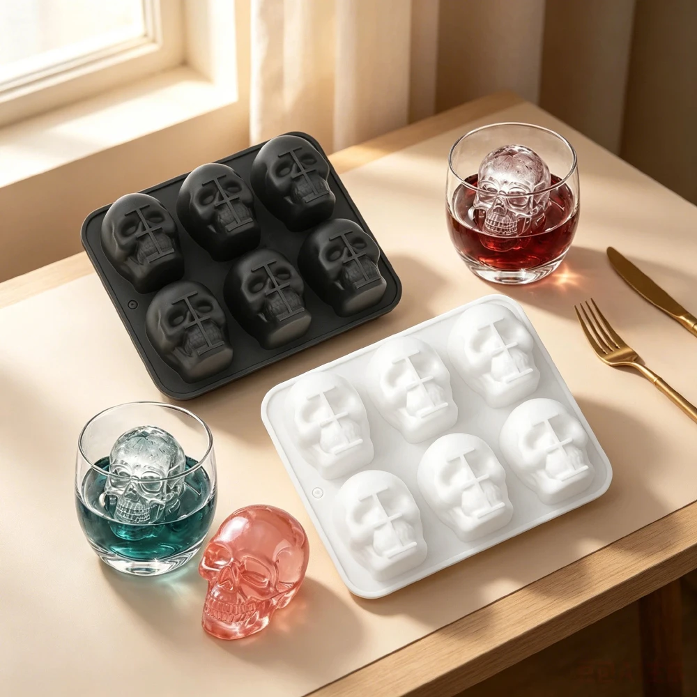 6-Part Skull Silicone Mold for Mousse Cake Halloween Chocolate Pudding Dessert Ice Cube Tray Skeleton Head Cooking Baking Tool