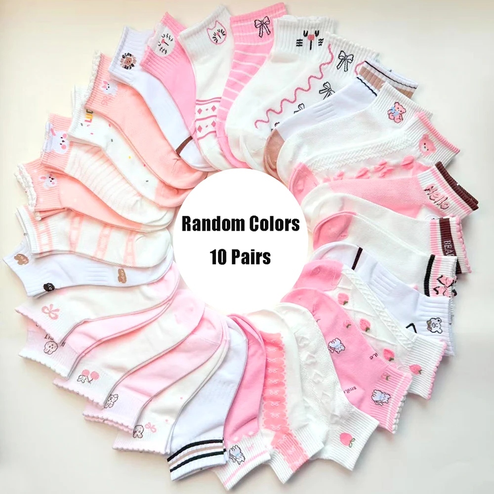 10 Paar modische süße Socken für Damen und Mädchen, Cartoon-Katze, Schleifenknoten, Knöchelsocken, hochwertige Baumwollsocken
