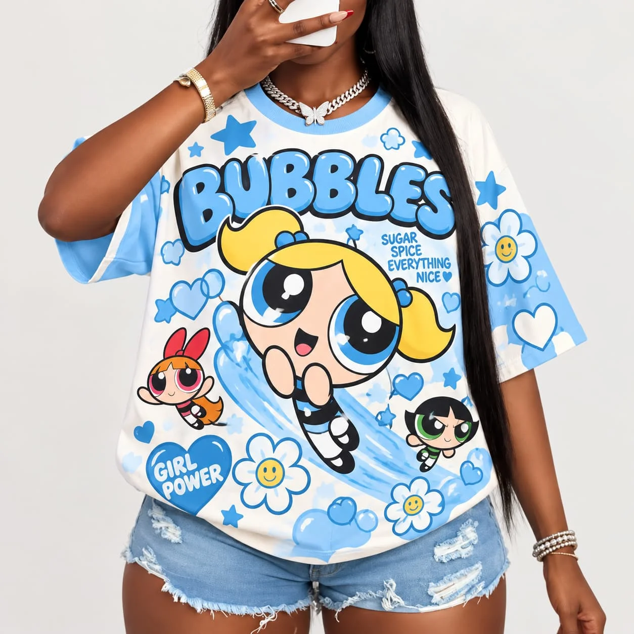 Women T Shirt The Powerpuff Girls Bubbles Graphic Tee Blue Y2K Cute Cartoon Oversized Top Casual Unisex Couple Wear Short Sleeve