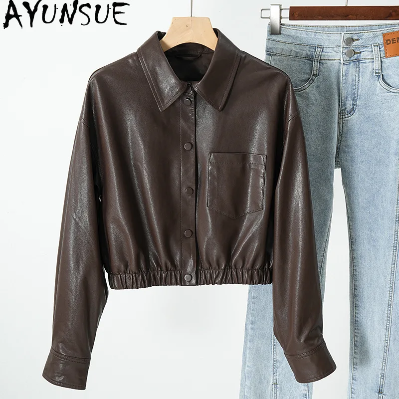 AYUNSUE Echtes Leder Jacke Frauen Echt Schaffell Frauen Mantel Frühling Herbst Kleidung 2025, Gemüse Bräunung Jaqueta De Couro