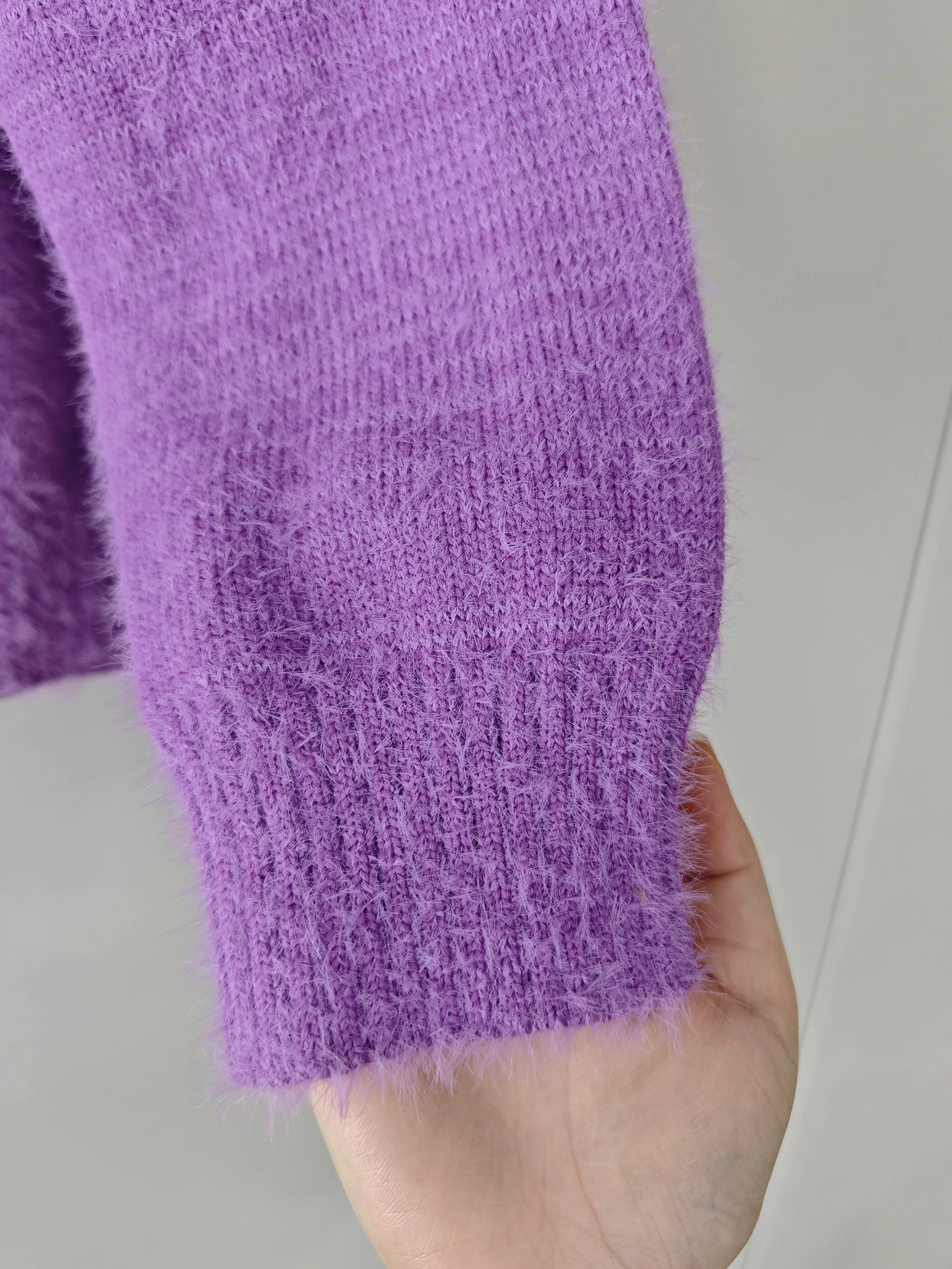 สีม่วงถักเสื้อกันหนาวนุ่มขนาดเล็กลมหอมหนาเสื้อกันหนาวผู้หญิงใหม่ Single Breasted Turn-down Collar ออกแบบกระเป๋าด้านบน