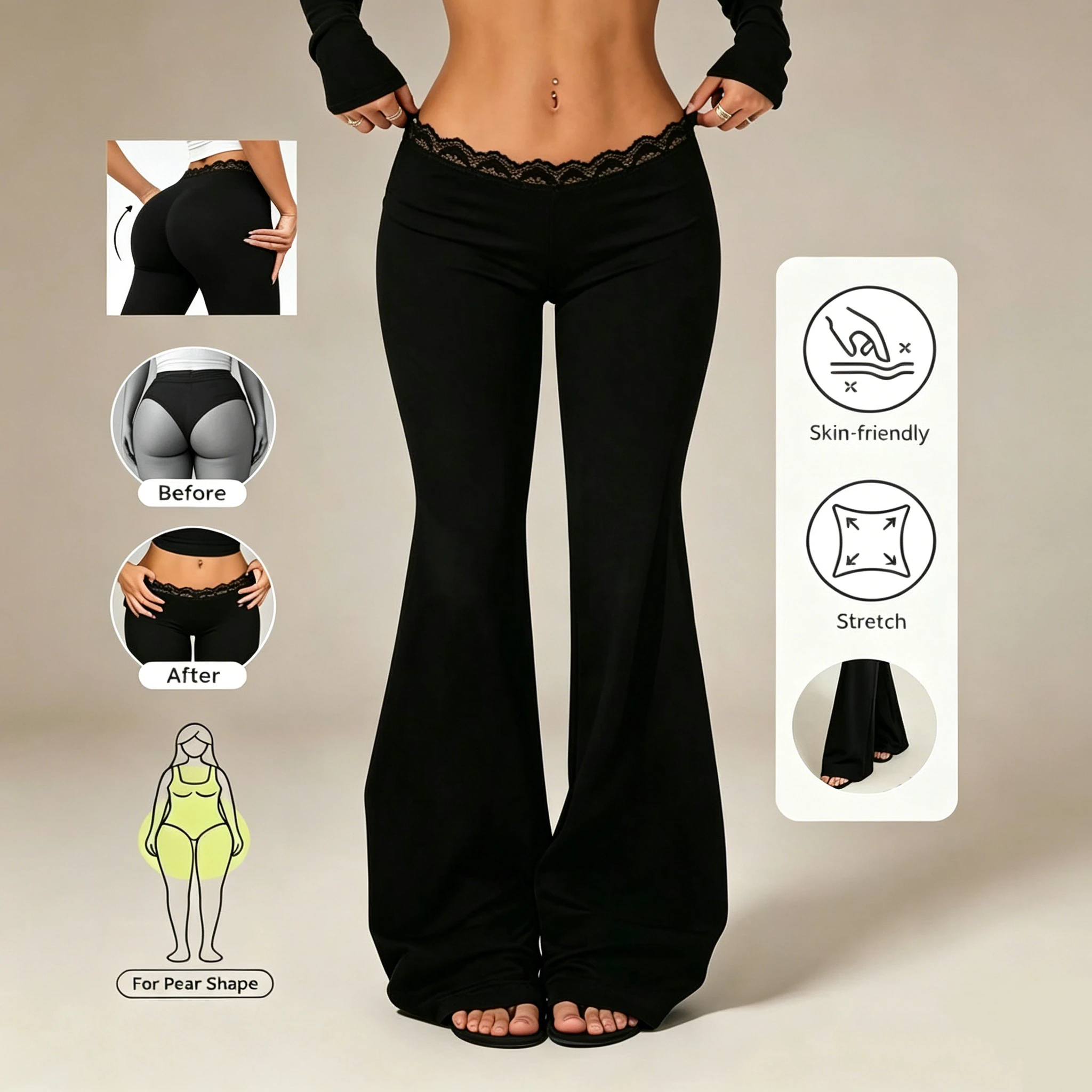 New Sexy Lace High Waisted Leggings for Girls, Flared Pants, Daily Casual Elastic Breathable Pants, Women's Clothing for Travel