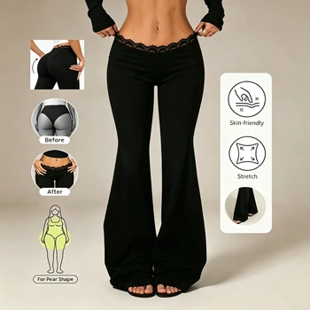 Sexy Lace High Waisted Leggings for Girls, Flared Pants, Daily Casual Elastic Breathable…