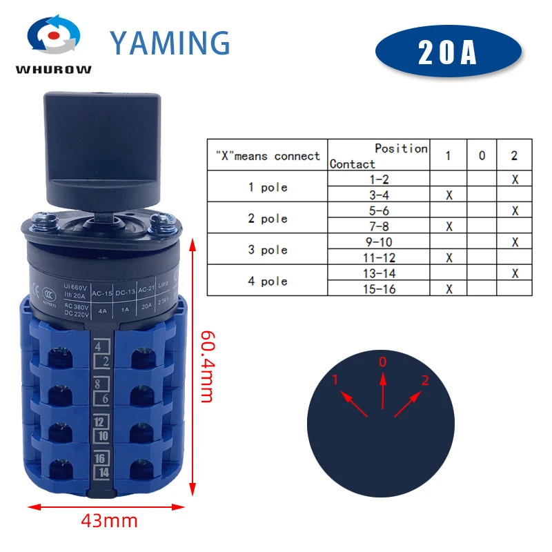 Screw Mounted 20A Cam Switch ON-OFF-ON 3 Position 8 Terminals 1-6 Layers Changeover Rotary Selector LW26-20 LW28 YMW26
