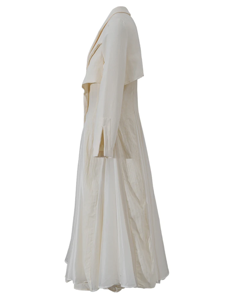 EAM-Robe longue en lin plissé pour femme, col à revers, manches longues, beige, mode marée, printemps, automne, nouveau, 2024, 3W6617