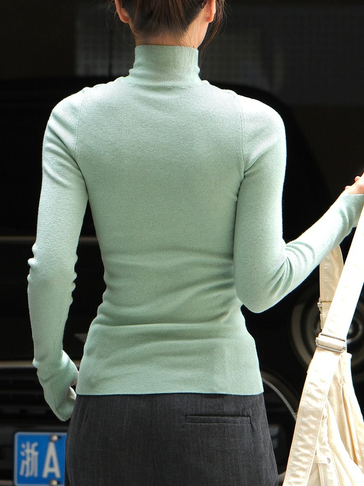 [EAM] Green Slim Elegant Knitting Sweater Turtleneck Long Sleeve Women Pullovers New Fashion Tide Spring Autumn 2024 1DH7116