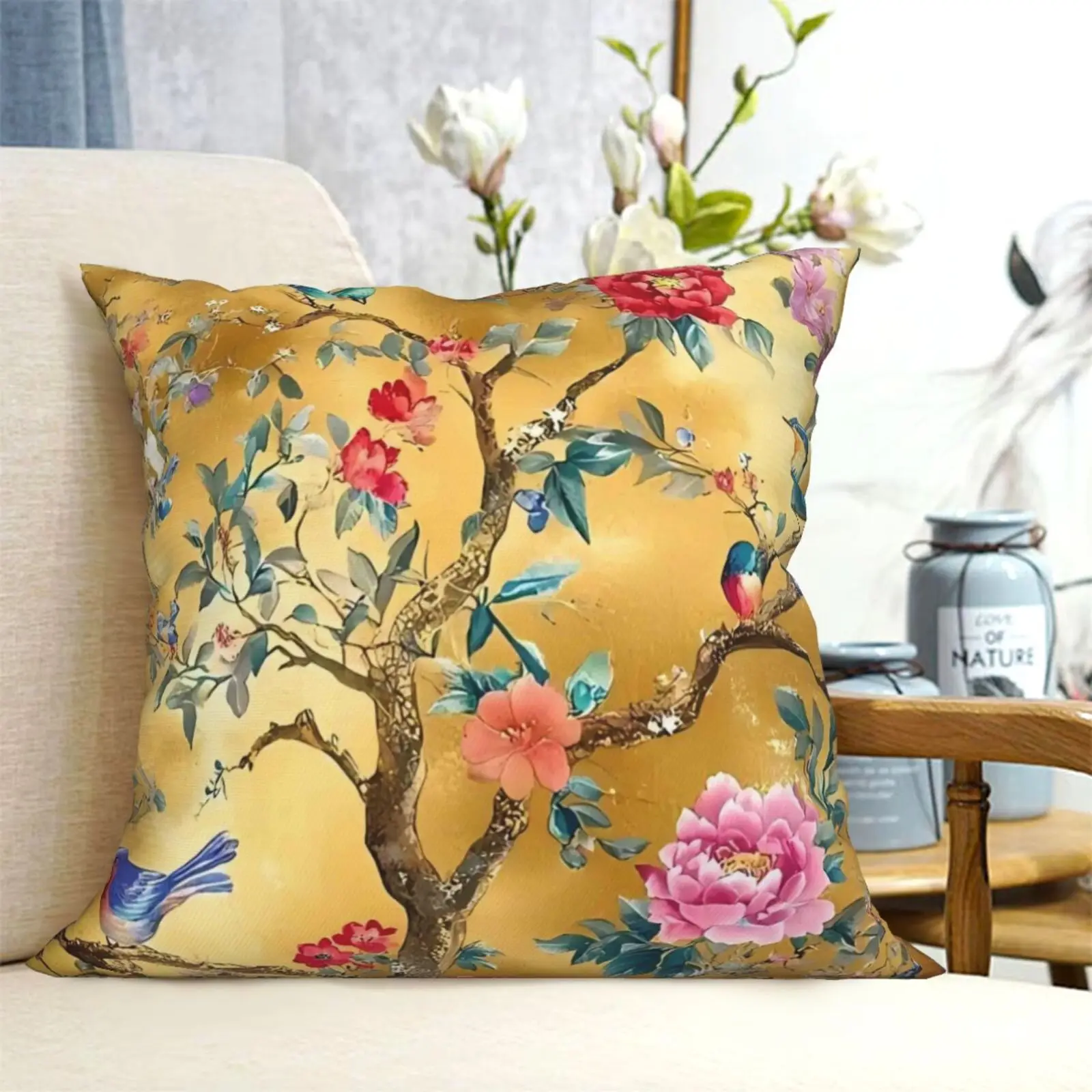 1 Kissenbezug im Vintage-Stil mit chinesischem Blumen- und Vogelmotiv, Polyester, mit Reißverschluss, quadratische Größe, eleganter dekorativer Kissenbezug, passend für – Detail 6