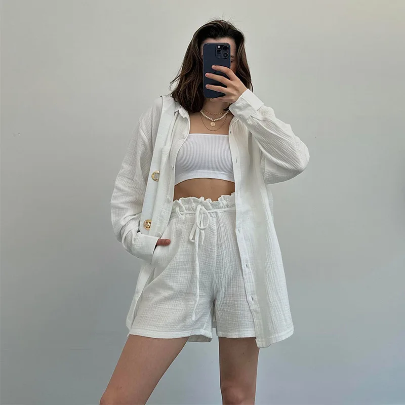 Women's Two-Piece Casual Sleepwear Cotton Pajamas for Women Turn-Down Collar Sleep Tops Suits with Shorts Gauze Cardigan Summer