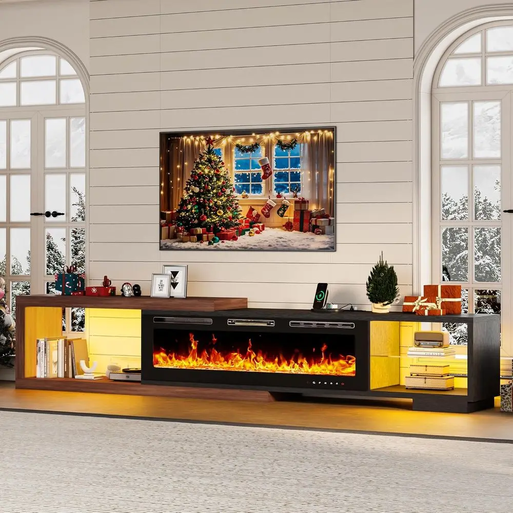 

Электрический камин-тумба под телевизор 120 дюймов со светодиодной подсветкой и розеткой для гостиной, черный и ореховый цвет