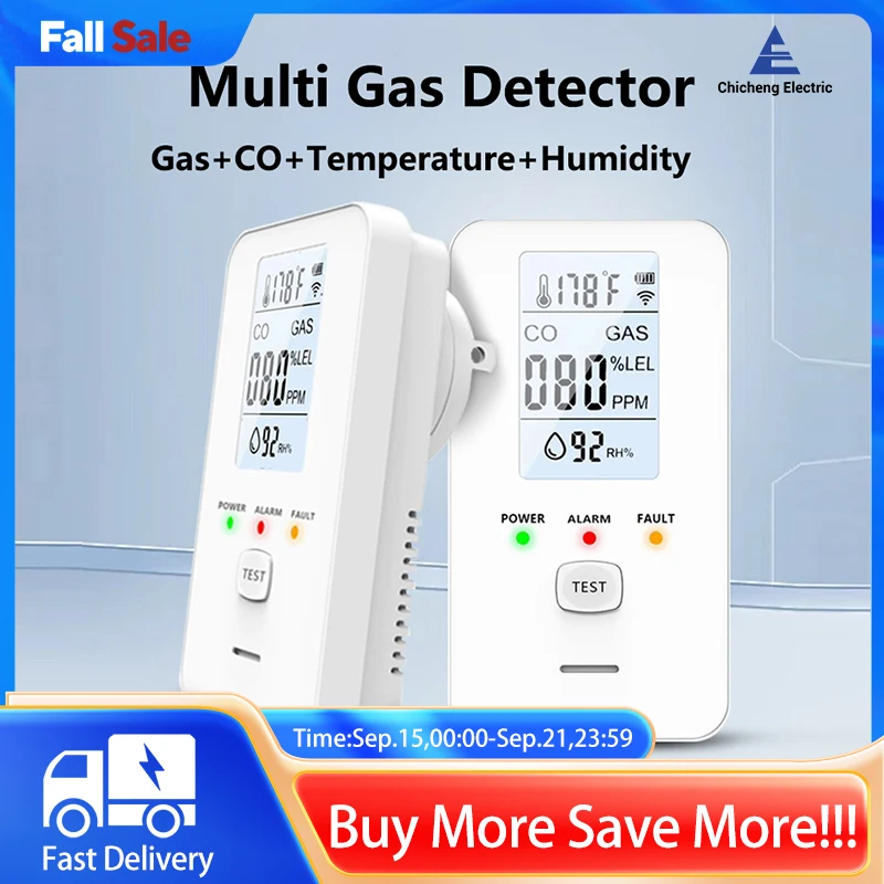 

4 in 1 Gas Detector Carbon Monoxide Detector Temperature Humidity Natural Gas Leak Detector LCD Display AC Plug in for Home RV