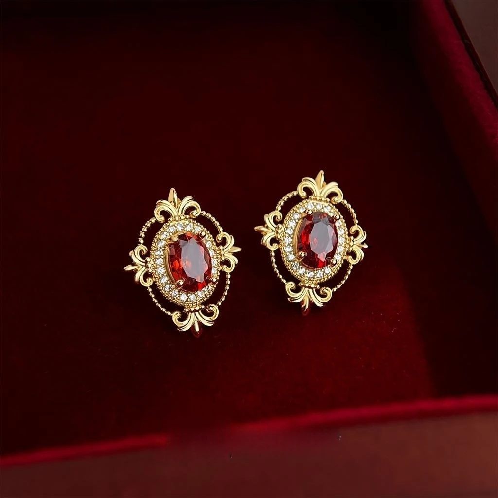 Luxury Baroque Style Oval Red Stone Stud Earrings Ornate Floral Border Earrings for Women Vintage Jewelry Gift