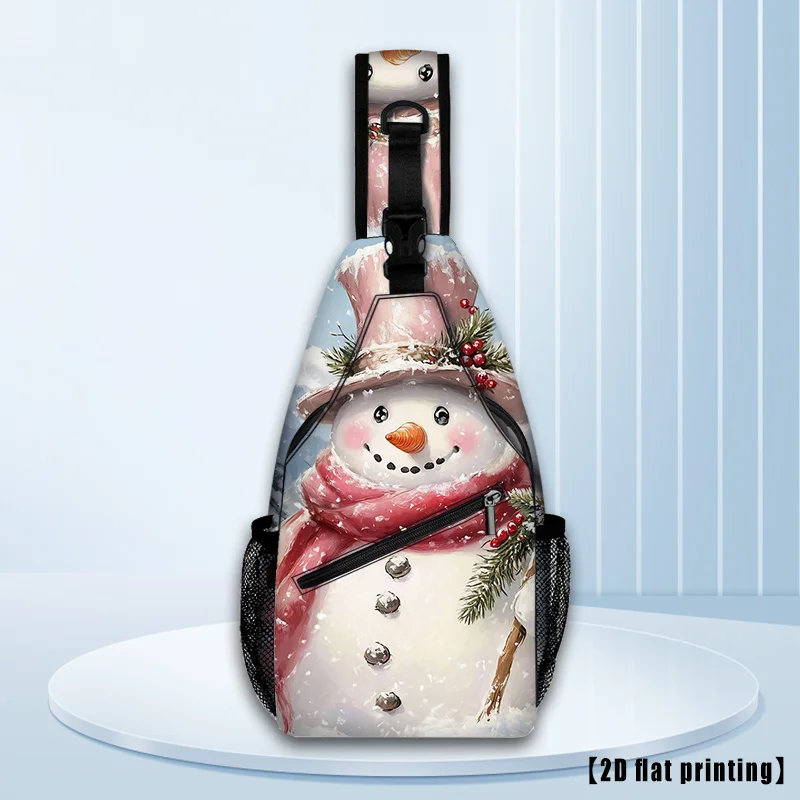 Merry Christmas Snowman Print Crossbody Bag - Adjustable Strap 2D Flat Chest Backpack with Snowman, Holly Reindeer Design