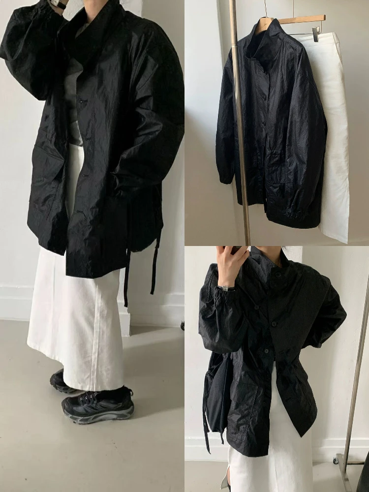 

Slimming Bla Stand Collar Jaet Women's Loose Fit Midi Length Top Dongda Gate Sle Simple Elegance Long Sve Button Detail