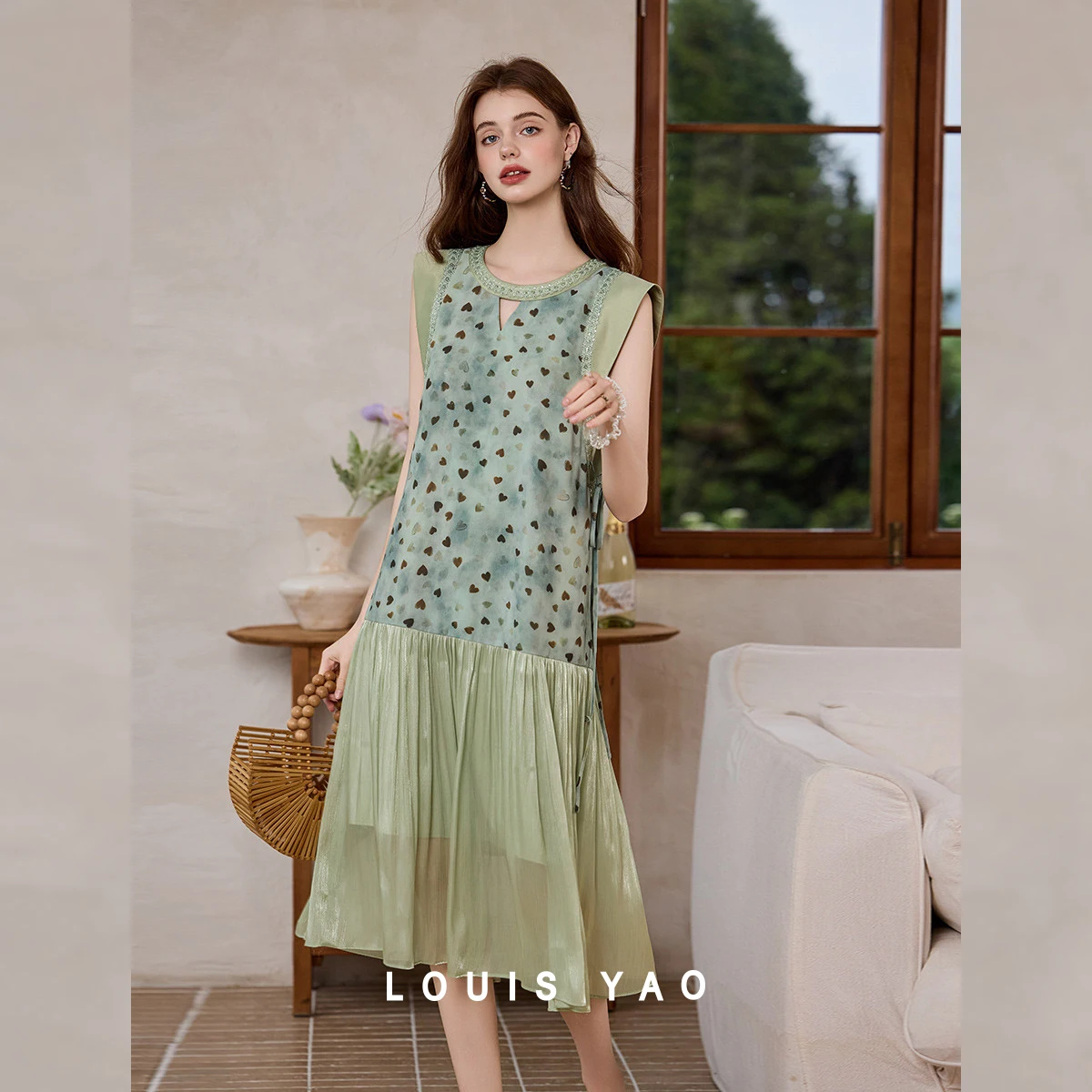 LOUIS YAO Heart Print Lace Trim Dress 2026 Women's Dresses Summer Flutter Sleeve Drawstring Pleated Maxi Flared Skirt