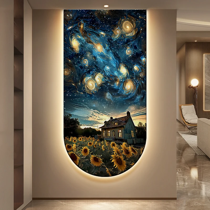 Van Gogh's Starry Sky Corridor Decorative Painting Sunflower Abstract Hanging Painting Starry Moon Night Scene Arched Wall Lamp