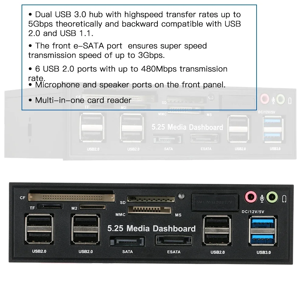 Multifuncional usb 3.0 hub sata porta leitor de cartão embutido pc painel mídia painel frontal áudio para sd ms m2 mmc cartões de memória