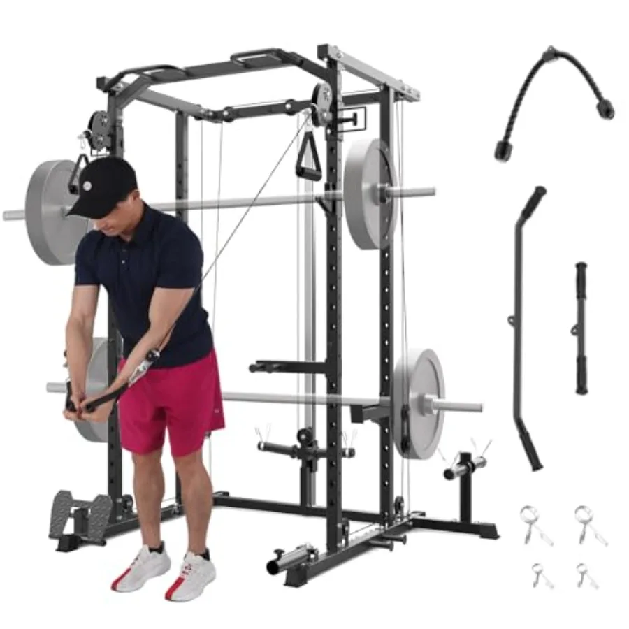 

Power Cage2000LBS All in One Squat Power Rack with Dual Pulley Cable Crossover System HeavyDuty Steel Construction for Strength